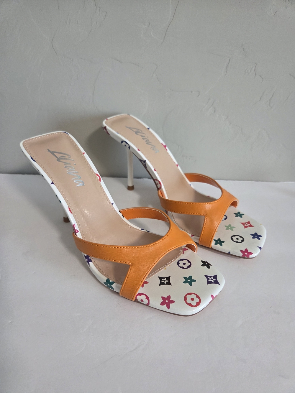 Liliana Orange Monogram Print Kitten Heel Mule Sandals Size 5.5